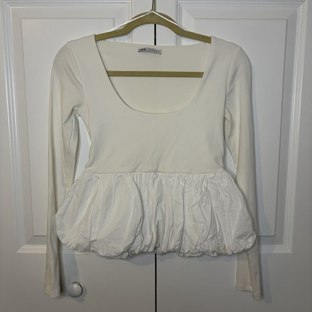 Zara White Long Sleeve Bubble Hem Peplum Top Women's Size Medium Balletcore